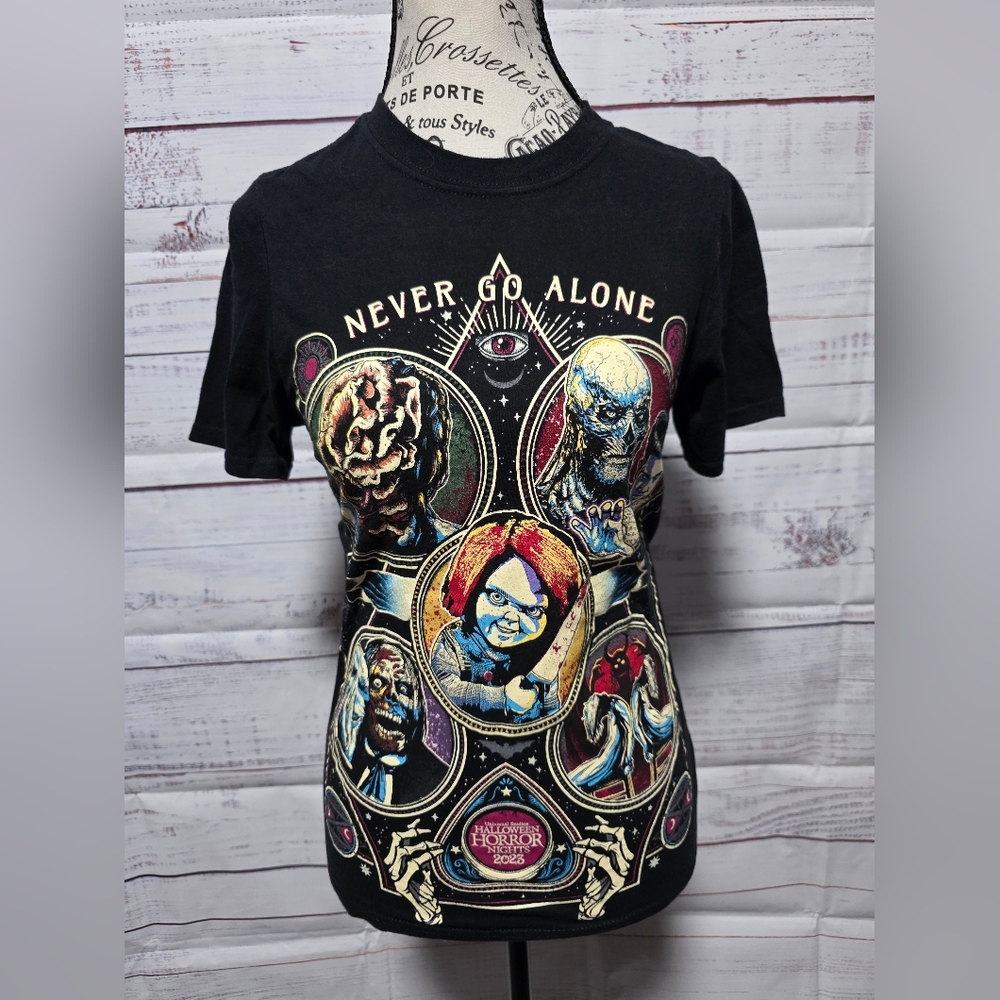 Universal Black Graphic Tee with Horror Design